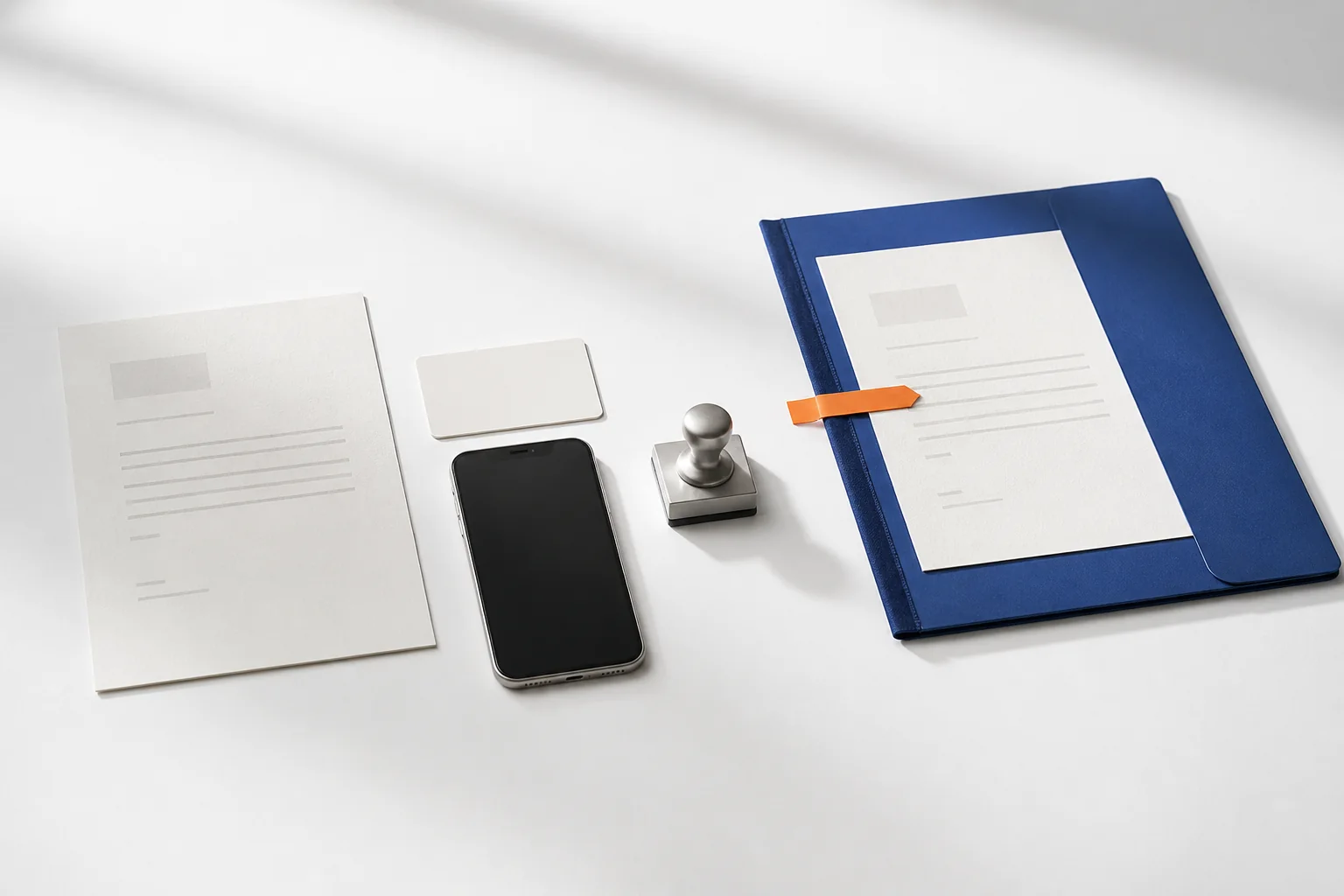 Documents, identity material, a phone, and an approval marker organized into one evidence file.