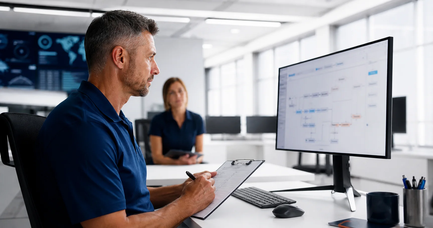 An operations specialist supervising a software workflow while a second reviewer remains available.