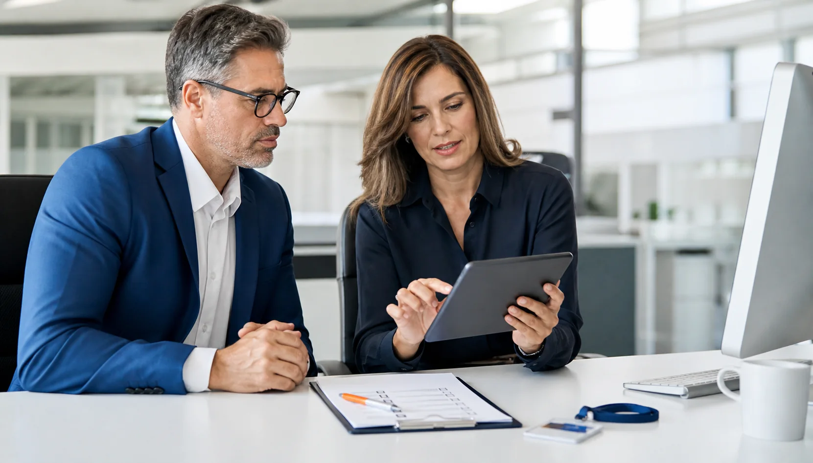 A second reviewer approving an action on a tablet while the initiator observes.