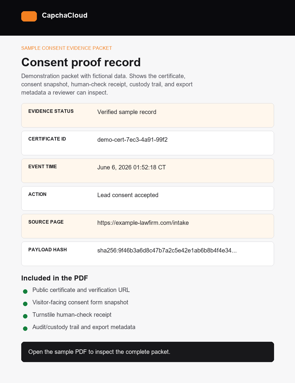 Preview of a sample CapchaCloud consent evidence packet PDF